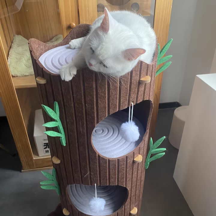 Contemporary Creative Round Medium-Density Fiberboard Felt Tree Stump Cat Tree 2/3-Tier For Living Room
