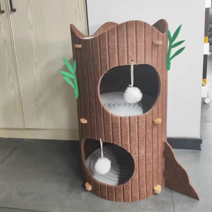 Contemporary Creative Round Medium-Density Fiberboard Felt Tree Stump Cat Tree 2/3-Tier For Living Room