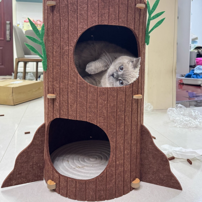 Contemporary Creative Round Medium-Density Fiberboard Felt Tree Stump Cat Tree 2/3-Tier For Living Room