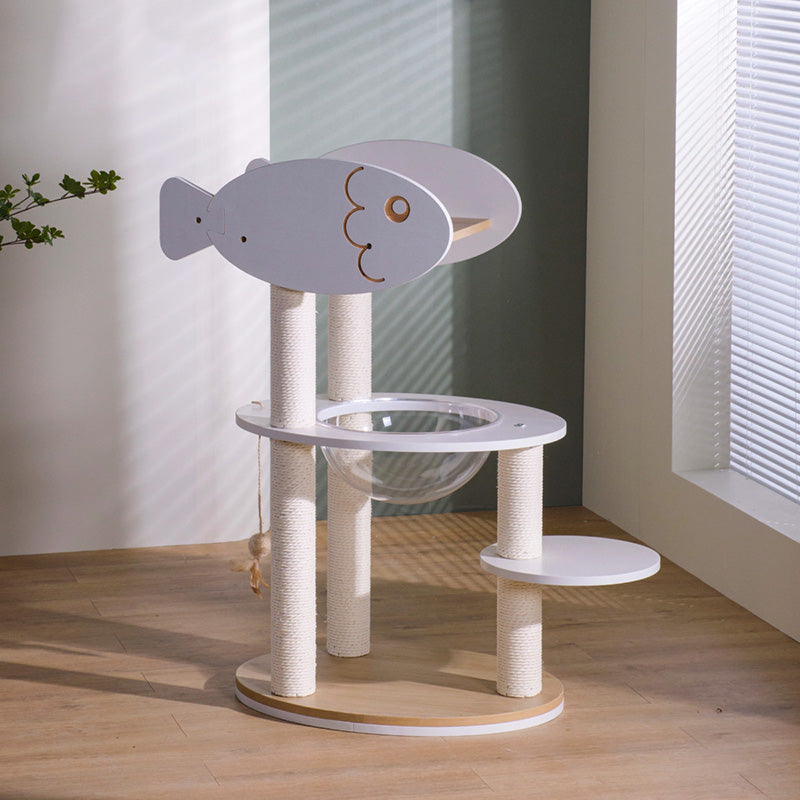Árbol para gatos contemporáneo escandinavo redondo de contrachapado, PVC, acrílico, papel kraft y cuerda, de 3 niveles, para sala de estar 