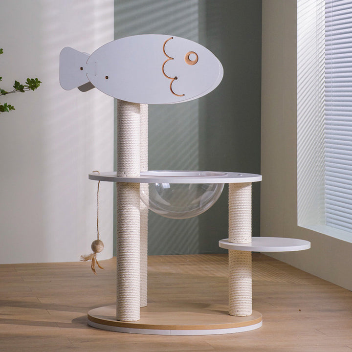 Árbol para gatos contemporáneo escandinavo redondo de contrachapado, PVC, acrílico, papel kraft y cuerda, de 3 niveles, para sala de estar 