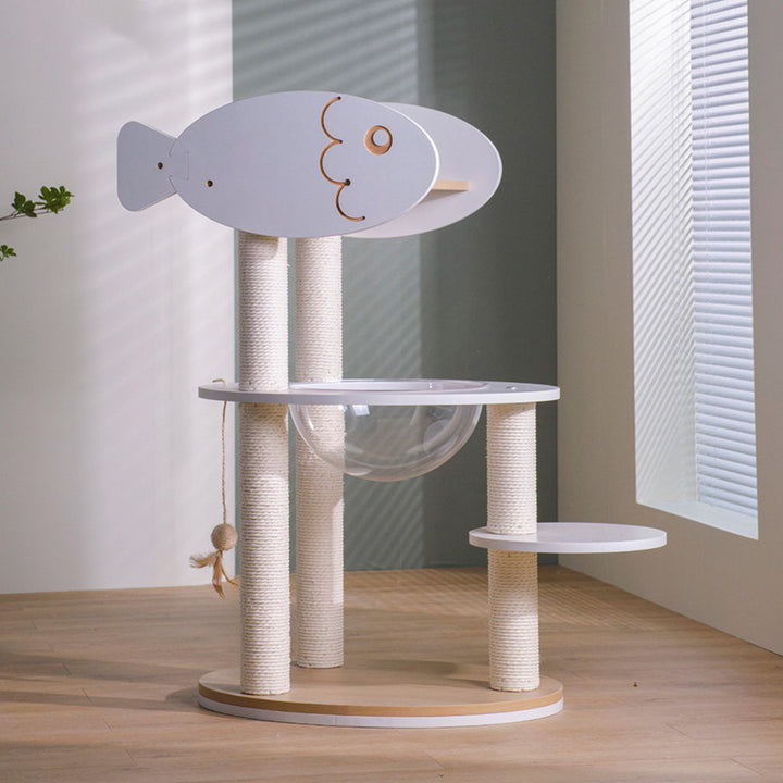 Árbol para gatos contemporáneo escandinavo redondo de contrachapado, PVC, acrílico, papel kraft y cuerda, de 3 niveles, para sala de estar 