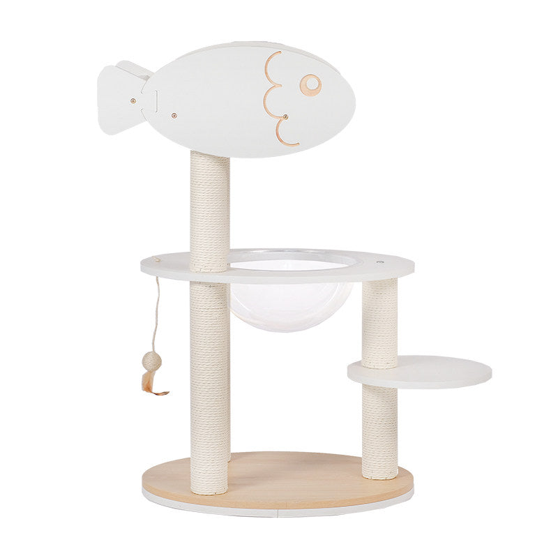Árbol para gatos contemporáneo escandinavo redondo de contrachapado, PVC, acrílico, papel kraft y cuerda, de 3 niveles, para sala de estar 