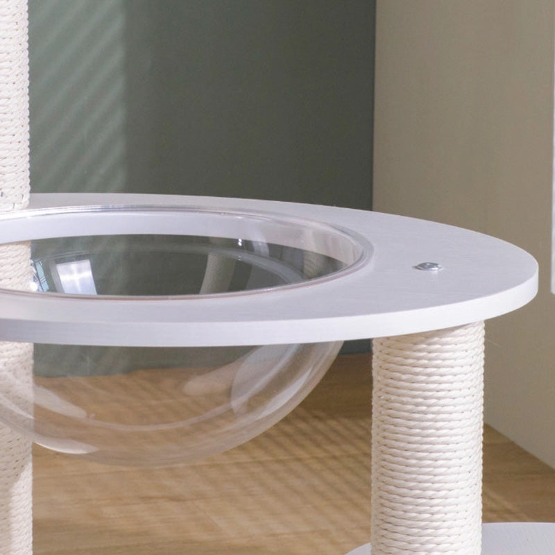 Árbol para gatos contemporáneo escandinavo redondo de contrachapado, PVC, acrílico, papel kraft y cuerda, de 3 niveles, para sala de estar 