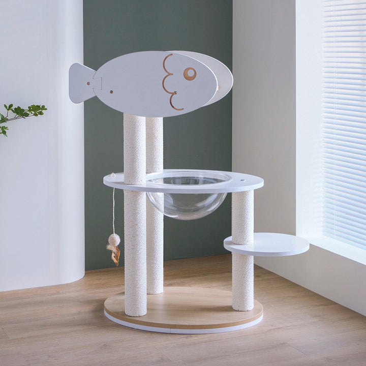 Árbol para gatos contemporáneo escandinavo redondo de contrachapado, PVC, acrílico, papel kraft y cuerda, de 3 niveles, para sala de estar 