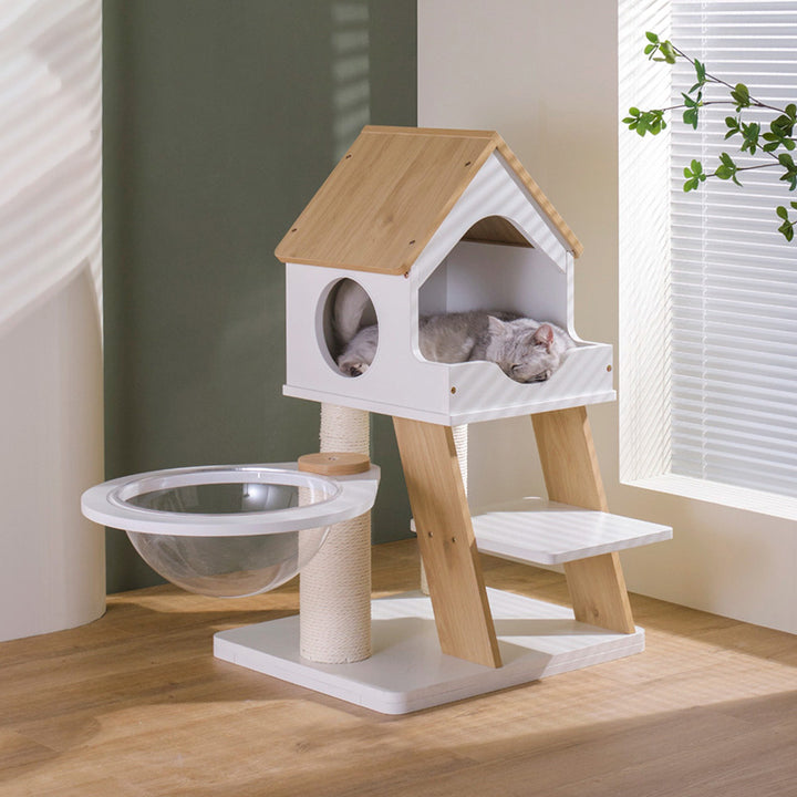 Contemporary Scandinavian Rectangular Plywood PVC Kraft Paper Rope Acrylic Cat Tree For Living Room