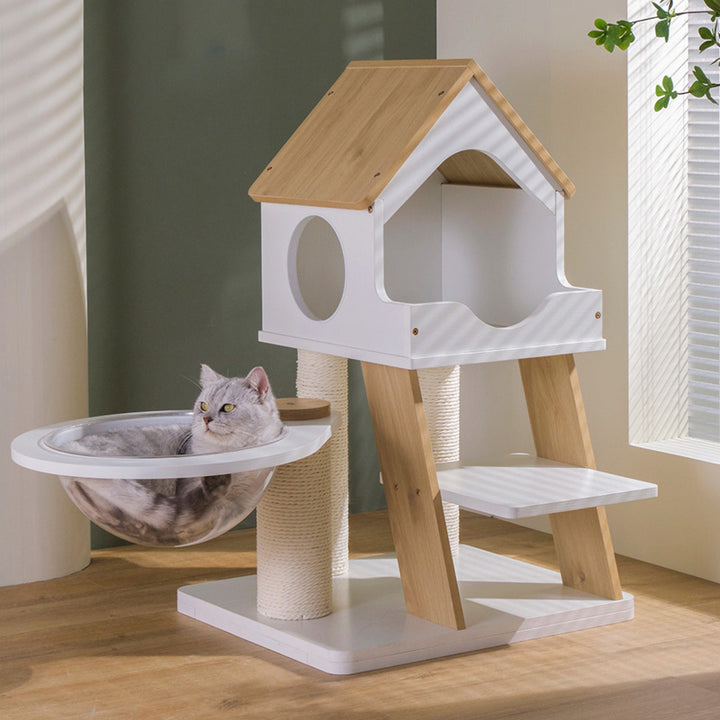 Arbre à chat contemporain scandinave rectangulaire à plusieurs niveaux en panneau de bois massif, papier kraft PVC, corde et acrylique pour salon 