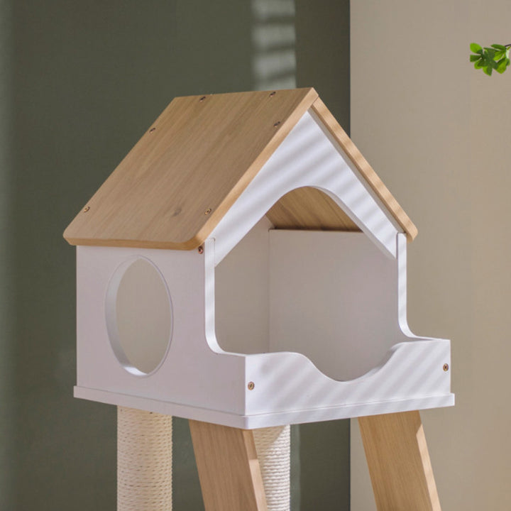Arbre à chat contemporain scandinave rectangulaire à plusieurs niveaux en panneau de bois massif, papier kraft PVC, corde et acrylique pour salon 