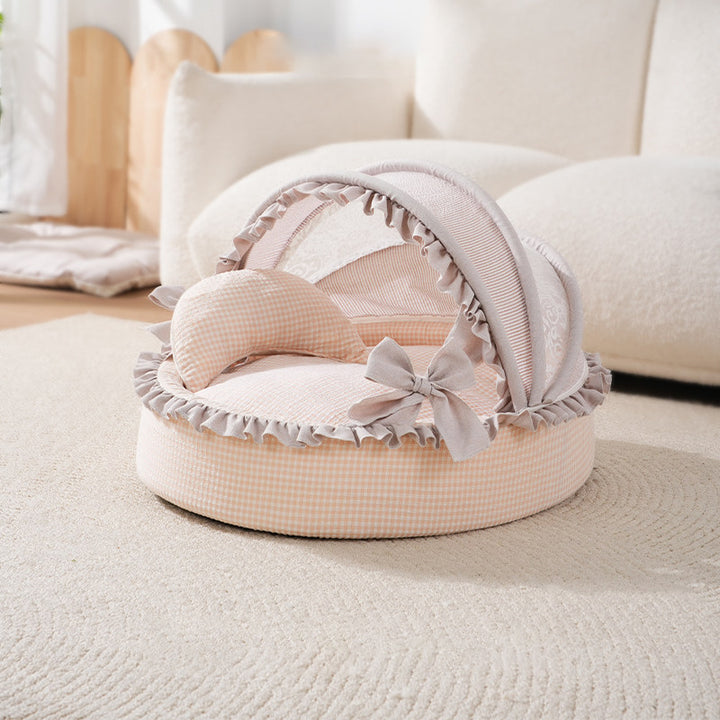 Lit pour chat berceau semi-fermé contemporain de style scandinave rond en velours polyester-coton pour chambre à coucher 