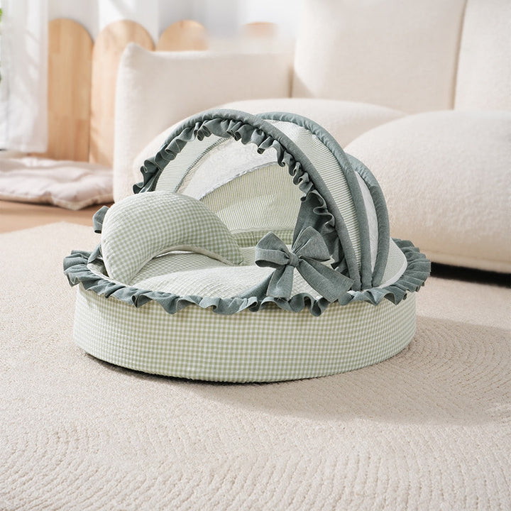 Lit pour chat berceau semi-fermé contemporain de style scandinave rond en velours polyester-coton pour chambre à coucher 