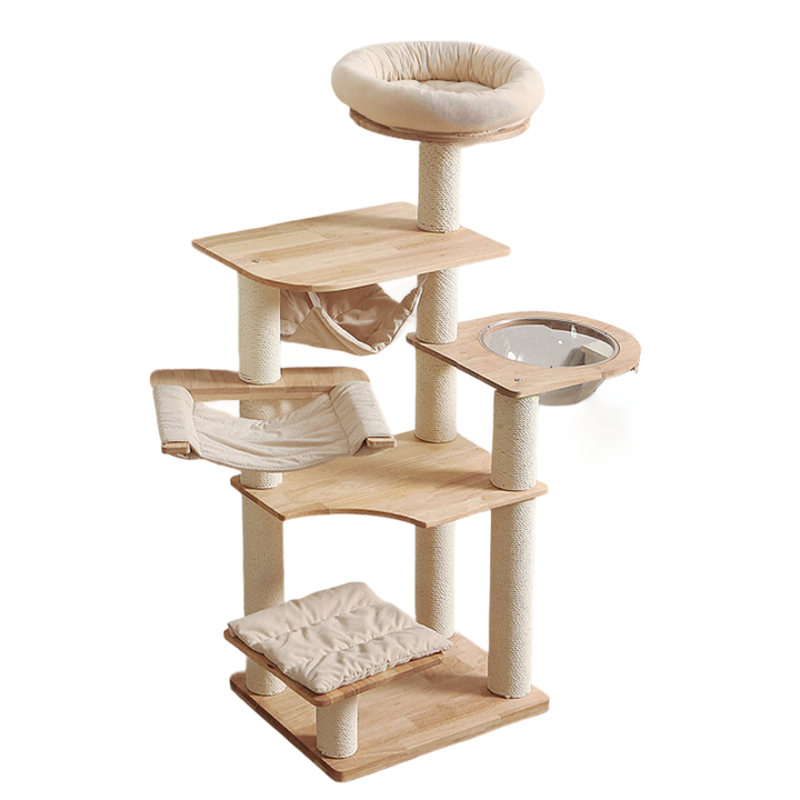 Arbre à chat contemporain scandinave à 5 niveaux en bois massif de caoutchouc rectangulaire, panneau en bois, pilier en bois de pin, corde en papier kraft en velours côtelé, acrylique, pour chambre à coucher 