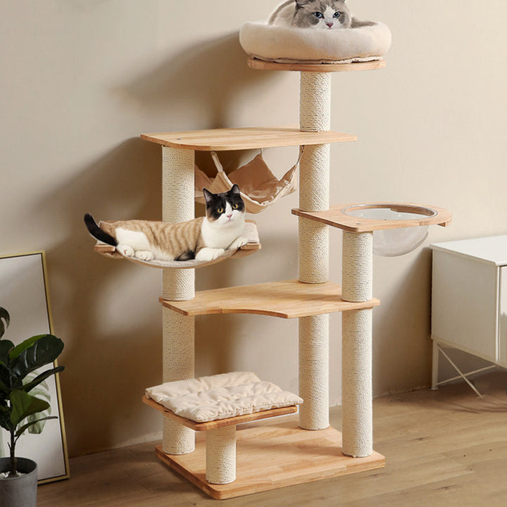 Arbre à chat contemporain scandinave à 5 niveaux en bois massif de caoutchouc rectangulaire, panneau en bois, pilier en bois de pin, corde en papier kraft en velours côtelé, acrylique, pour chambre à coucher 