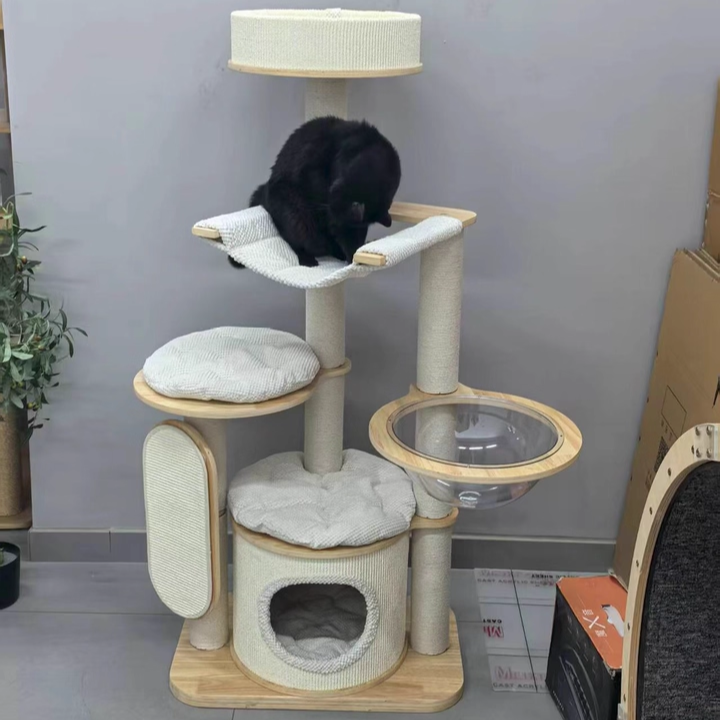 Arbre à chat contemporain scandinave rond E0 en bois massif multicouche, contreplaqué, velours côtelé, corde de chanvre, tube en papier, acrylique, 5 niveaux pour chambre 