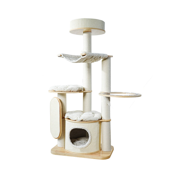 Arbre à chat contemporain scandinave rond E0 en bois massif multicouche, contreplaqué, velours côtelé, corde de chanvre, tube en papier, acrylique, 5 niveaux pour chambre 
