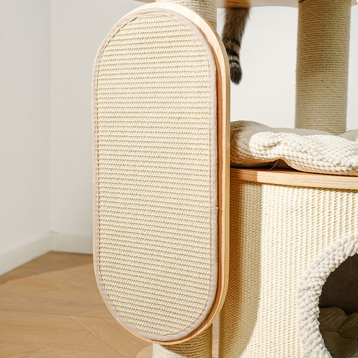 Arbre à chat contemporain scandinave rond E0 en bois massif multicouche, contreplaqué, velours côtelé, corde de chanvre, tube en papier, acrylique, 5 niveaux pour chambre 