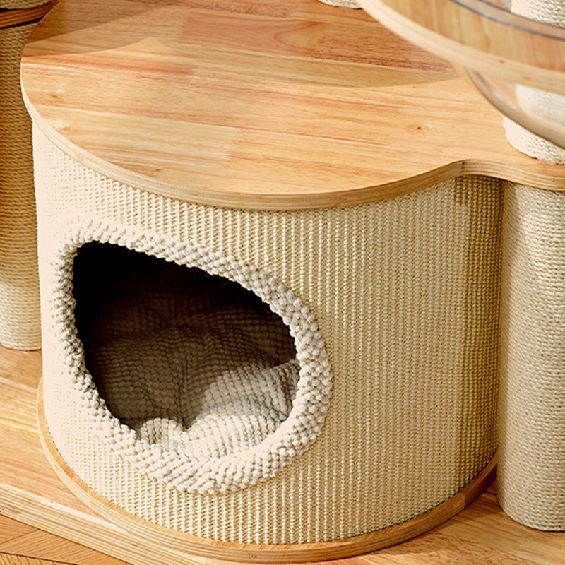 Arbre à chat contemporain scandinave rond E0 en bois massif multicouche, contreplaqué, velours côtelé, corde de chanvre, tube en papier, acrylique, 5 niveaux pour chambre 