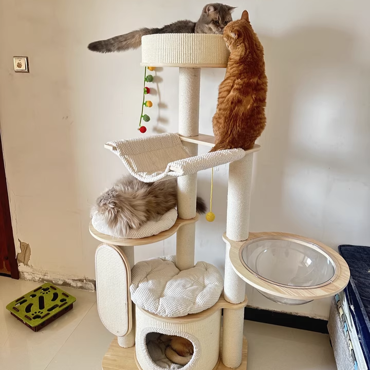 Arbre à chat contemporain scandinave rond E0 en bois massif multicouche, contreplaqué, velours côtelé, corde de chanvre, tube en papier, acrylique, 5 niveaux pour chambre 