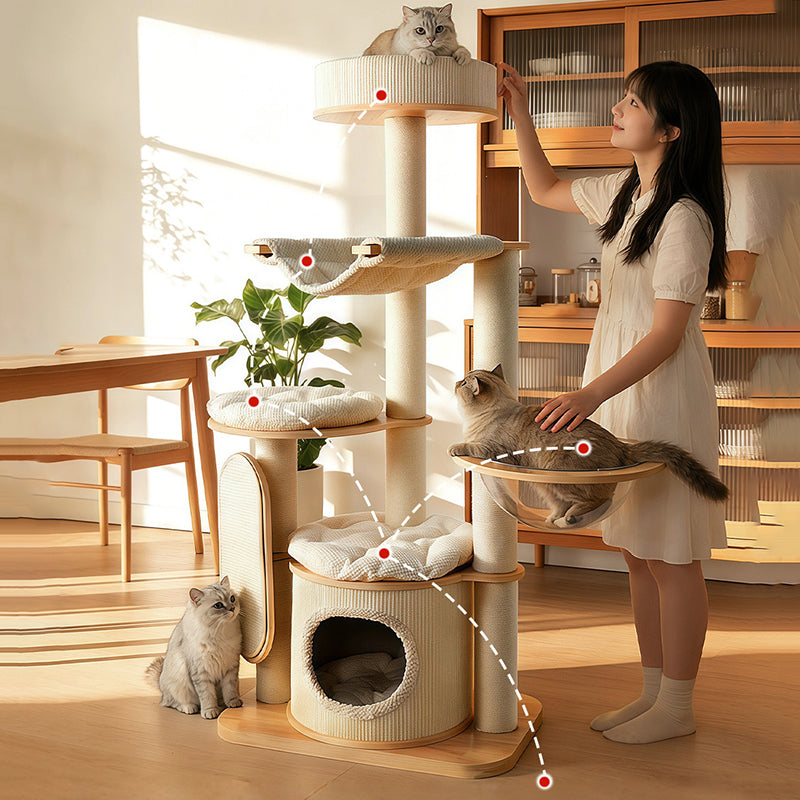 Arbre à chat contemporain scandinave rond E0 en bois massif multicouche, contreplaqué, velours côtelé, corde de chanvre, tube en papier, acrylique, 5 niveaux pour chambre 