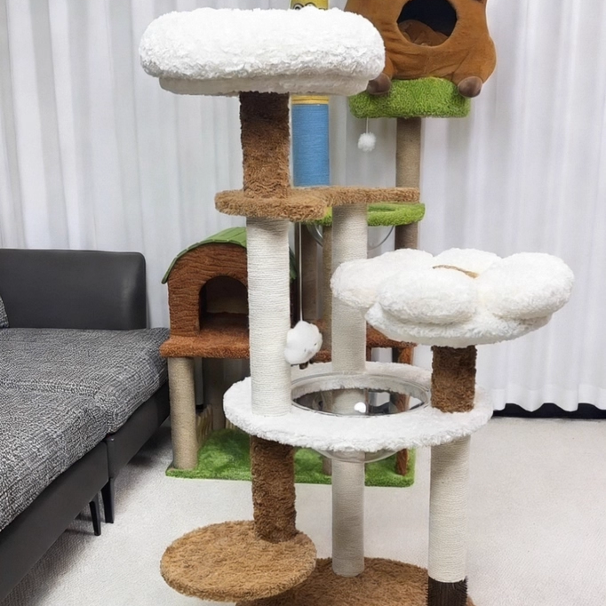 Arbre à chat contemporain scandinave à 5 niveaux en panneau de fibres de densité moyenne, tissu velours, corde de chanvre, tube en papier et acrylique pour chambre à coucher 