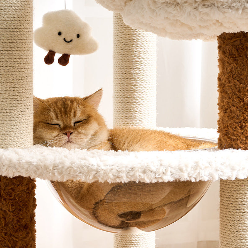 Arbre à chat contemporain scandinave à 5 niveaux en panneau de fibres de densité moyenne, tissu velours, corde de chanvre, tube en papier et acrylique pour chambre à coucher 
