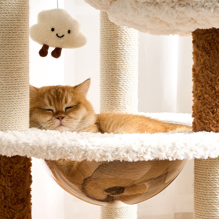 Arbre à chat contemporain scandinave à 5 niveaux en panneau de fibres de densité moyenne, tissu velours, corde de chanvre, tube en papier et acrylique pour chambre à coucher 