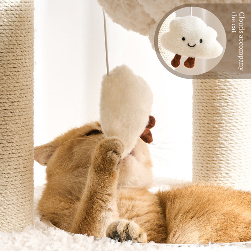 Arbre à chat contemporain scandinave à 5 niveaux en panneau de fibres de densité moyenne, tissu velours, corde de chanvre, tube en papier et acrylique pour chambre à coucher 