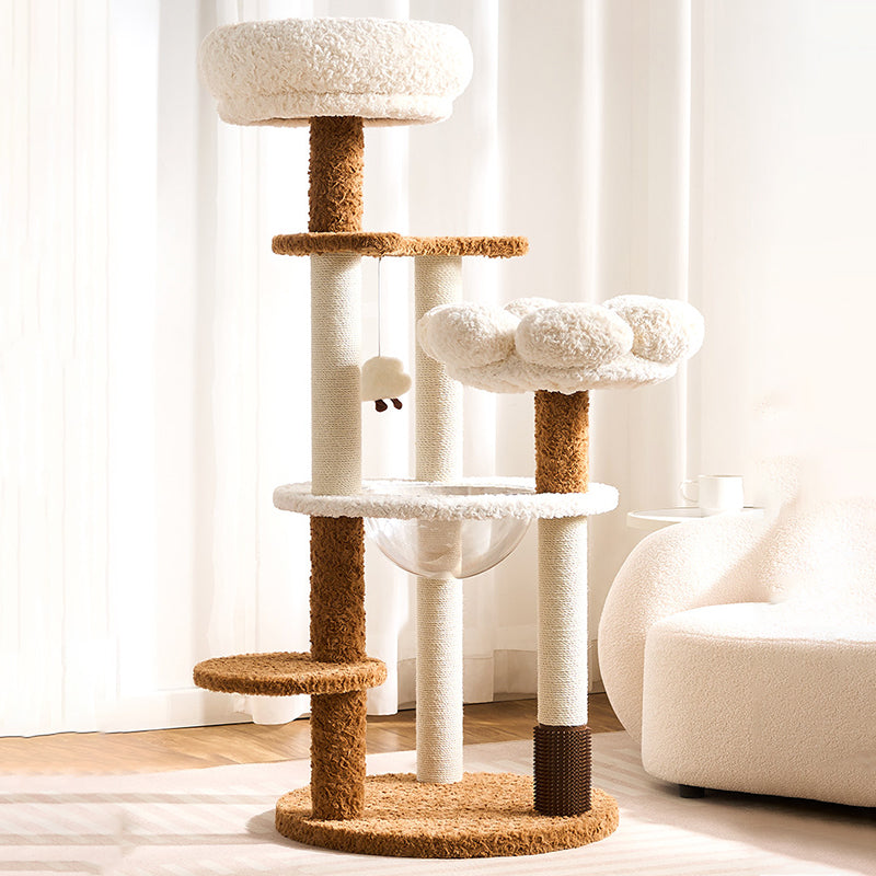 Arbre à chat contemporain scandinave à 5 niveaux en panneau de fibres de densité moyenne, tissu velours, corde de chanvre, tube en papier et acrylique pour chambre à coucher 