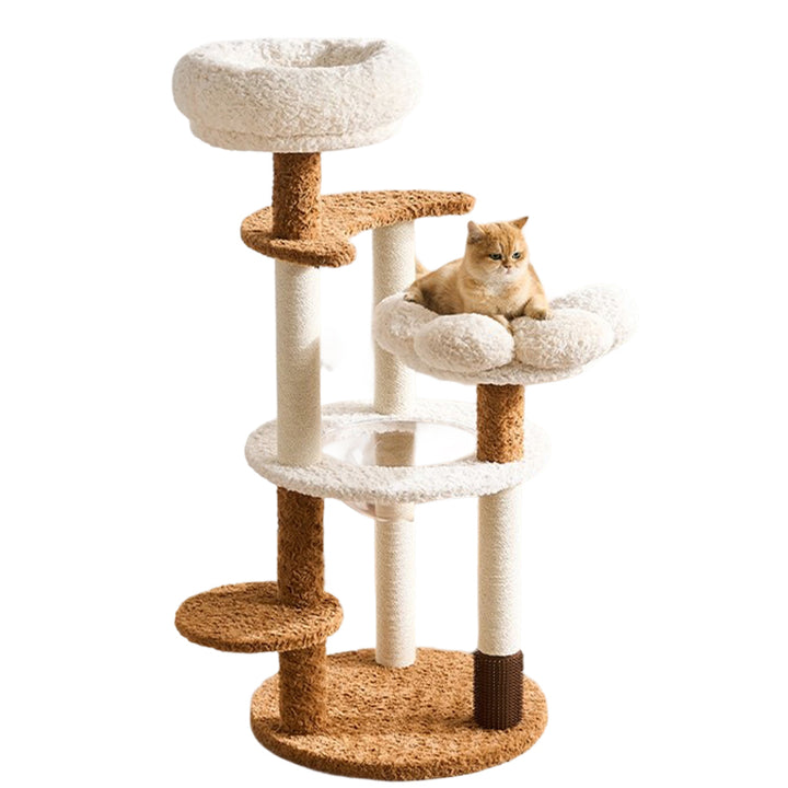 Arbre à chat contemporain scandinave à 5 niveaux en panneau de fibres de densité moyenne, tissu velours, corde de chanvre, tube en papier et acrylique pour chambre à coucher 