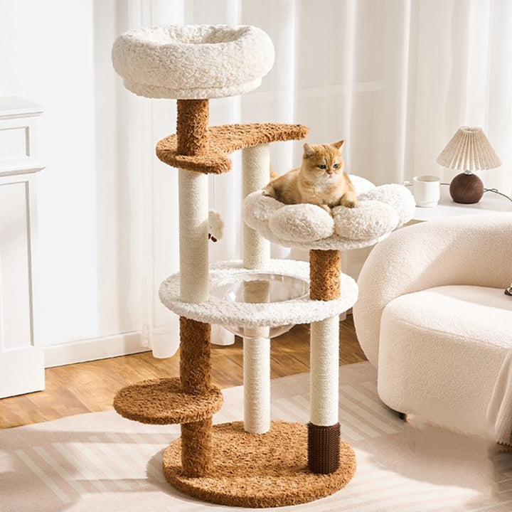 Arbre à chat contemporain scandinave à 5 niveaux en panneau de fibres de densité moyenne, tissu velours, corde de chanvre, tube en papier et acrylique pour chambre à coucher 