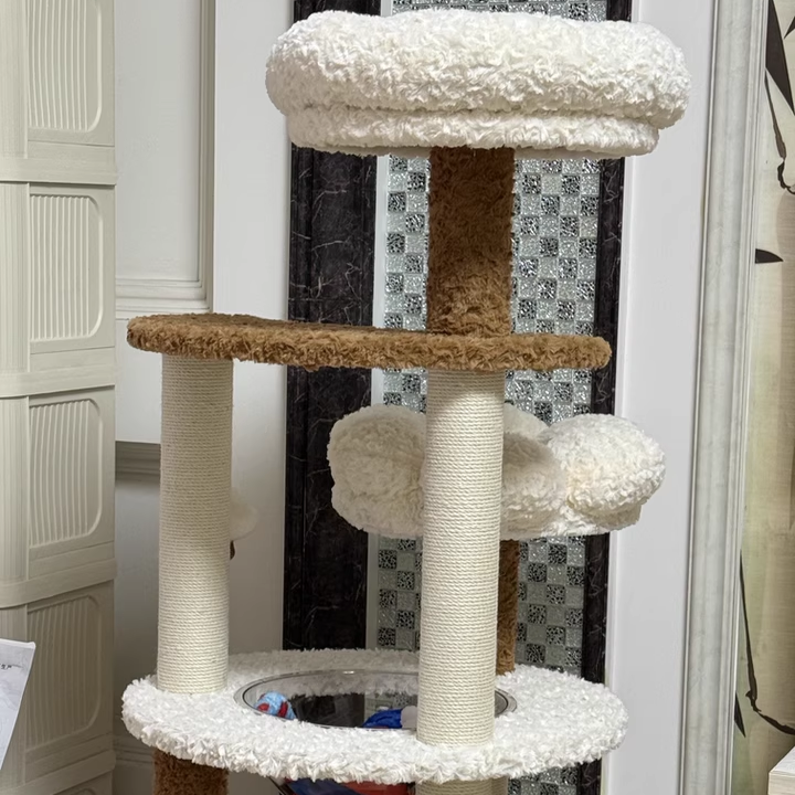 Arbre à chat contemporain scandinave à 5 niveaux en panneau de fibres de densité moyenne, tissu velours, corde de chanvre, tube en papier et acrylique pour chambre à coucher 