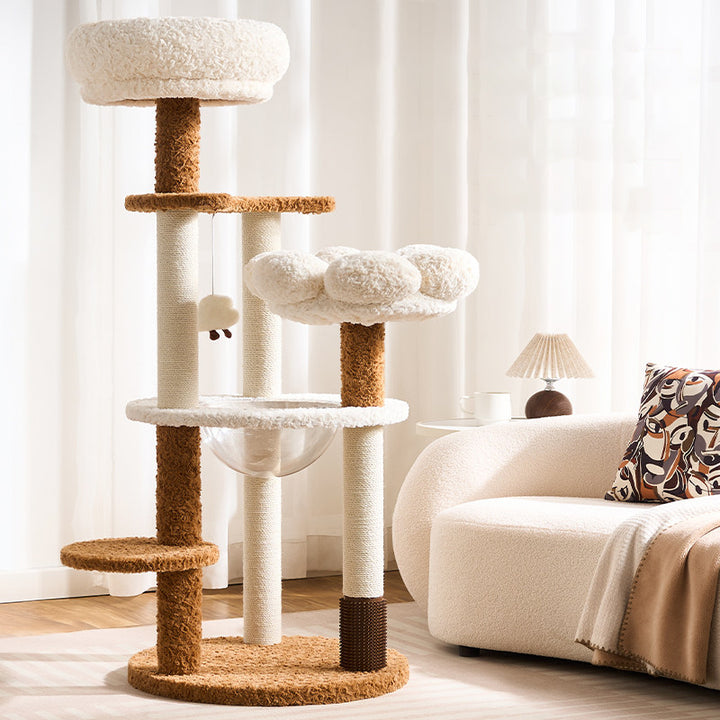 Arbre à chat contemporain scandinave à 5 niveaux en panneau de fibres de densité moyenne, tissu velours, corde de chanvre, tube en papier et acrylique pour chambre à coucher 