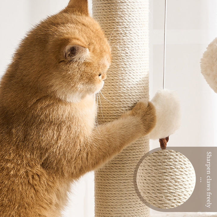 Arbre à chat contemporain scandinave à 5 niveaux en panneau de fibres de densité moyenne, tissu velours, corde de chanvre, tube en papier et acrylique pour chambre à coucher 