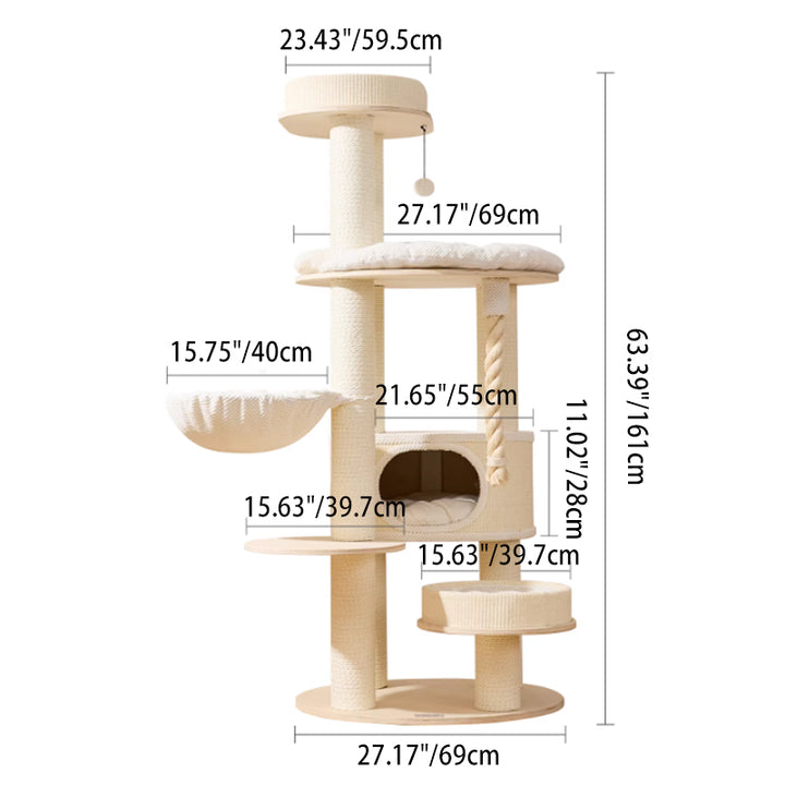 Arbre à chat contemporain scandinave rond à plusieurs niveaux en bois massif, contreplaqué, tissu velours, corde en papier, sisal, acrylique, 6 niveaux pour salon 