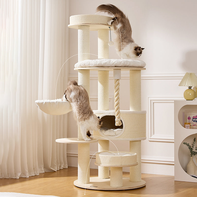 Zeitgenössischer skandinavischer runder Katzenbaum aus Sperrholz, Samtstoff, Papierseil, Sisal und Acryl, 6-stufig, für das Wohnzimmer 