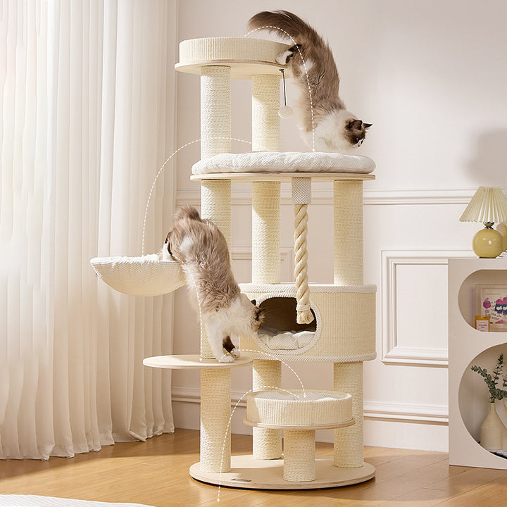 Zeitgenössischer skandinavischer runder Katzenbaum aus Sperrholz, Samtstoff, Papierseil, Sisal und Acryl, 6-stufig, für das Wohnzimmer 