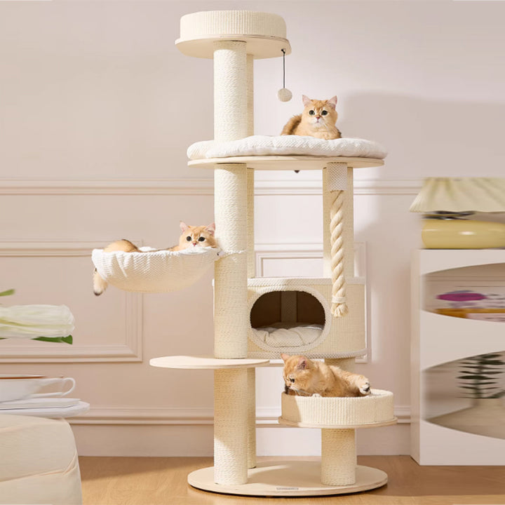 Arbre à chat contemporain scandinave rond à plusieurs niveaux en bois massif, contreplaqué, tissu velours, corde en papier, sisal, acrylique, 6 niveaux pour salon 