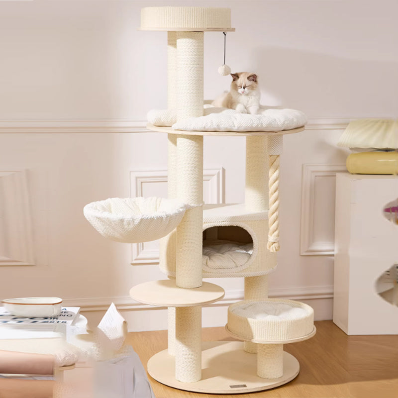 Zeitgenössischer skandinavischer runder Katzenbaum aus Sperrholz, Samtstoff, Papierseil, Sisal und Acryl, 6-stufig, für das Wohnzimmer 