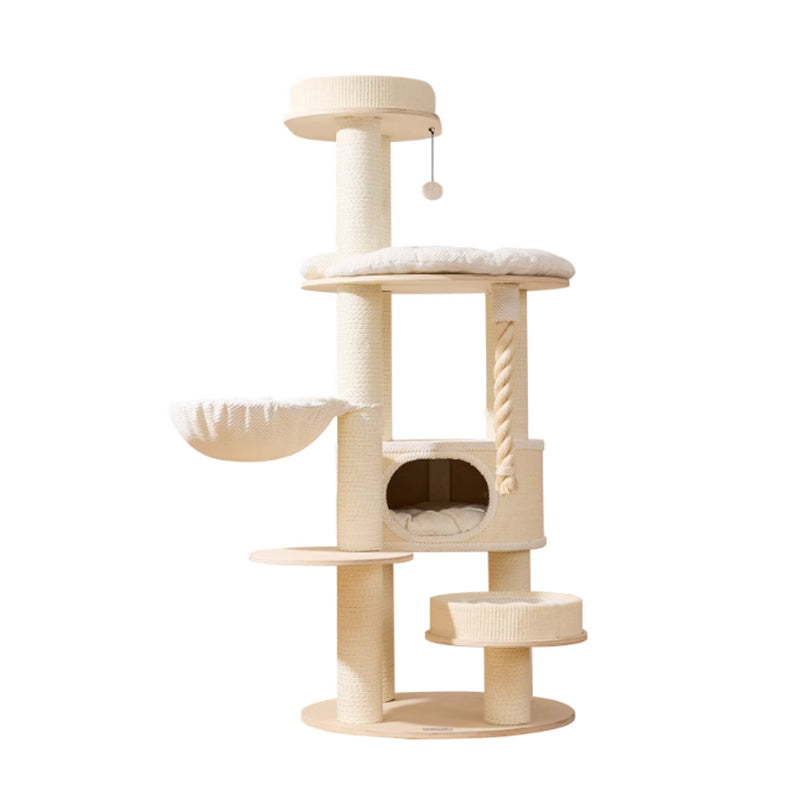 Zeitgenössischer skandinavischer runder Katzenbaum aus Sperrholz, Samtstoff, Papierseil, Sisal und Acryl, 6-stufig, für das Wohnzimmer 