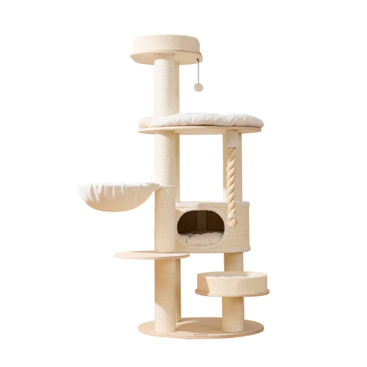 Zeitgenössischer skandinavischer runder Katzenbaum aus Sperrholz, Samtstoff, Papierseil, Sisal und Acryl, 6-stufig, für das Wohnzimmer 