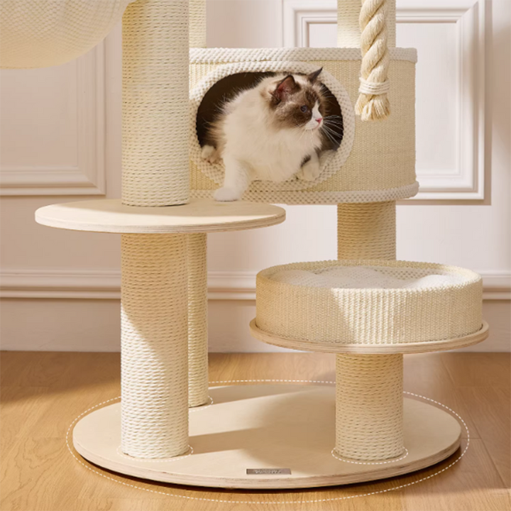 Zeitgenössischer skandinavischer runder Katzenbaum aus Sperrholz, Samtstoff, Papierseil, Sisal und Acryl, 6-stufig, für das Wohnzimmer 