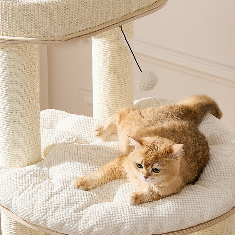 Zeitgenössischer skandinavischer runder Katzenbaum aus Sperrholz, Samtstoff, Papierseil, Sisal und Acryl, 6-stufig, für das Wohnzimmer 