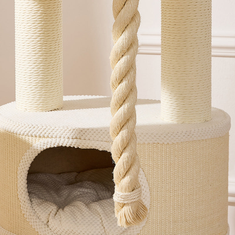 Zeitgenössischer skandinavischer runder Katzenbaum aus Sperrholz, Samtstoff, Papierseil, Sisal und Acryl, 6-stufig, für das Wohnzimmer 
