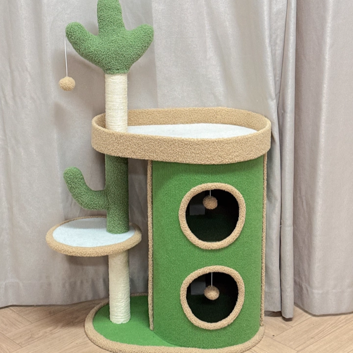 Zeitgenössischer kreativer runder Spanplatten-Samtstoff-Sisal-Papierrohr-Kaktus-Katzenbaum &amp; -Condo 2-Condo 1-Sitzstange für Schlafzimmer 