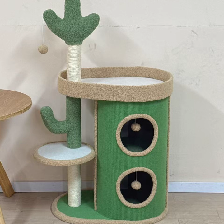 Zeitgenössischer kreativer runder Spanplatten-Samtstoff-Sisal-Papierrohr-Kaktus-Katzenbaum &amp; -Condo 2-Condo 1-Sitzstange für Schlafzimmer 