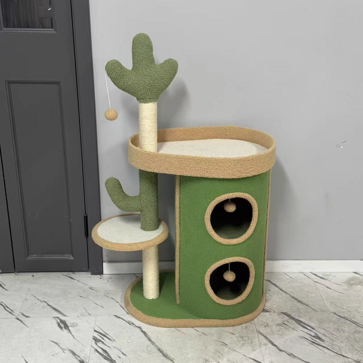 Zeitgenössischer kreativer runder Spanplatten-Samtstoff-Sisal-Papierrohr-Kaktus-Katzenbaum &amp; -Condo 2-Condo 1-Sitzstange für Schlafzimmer 
