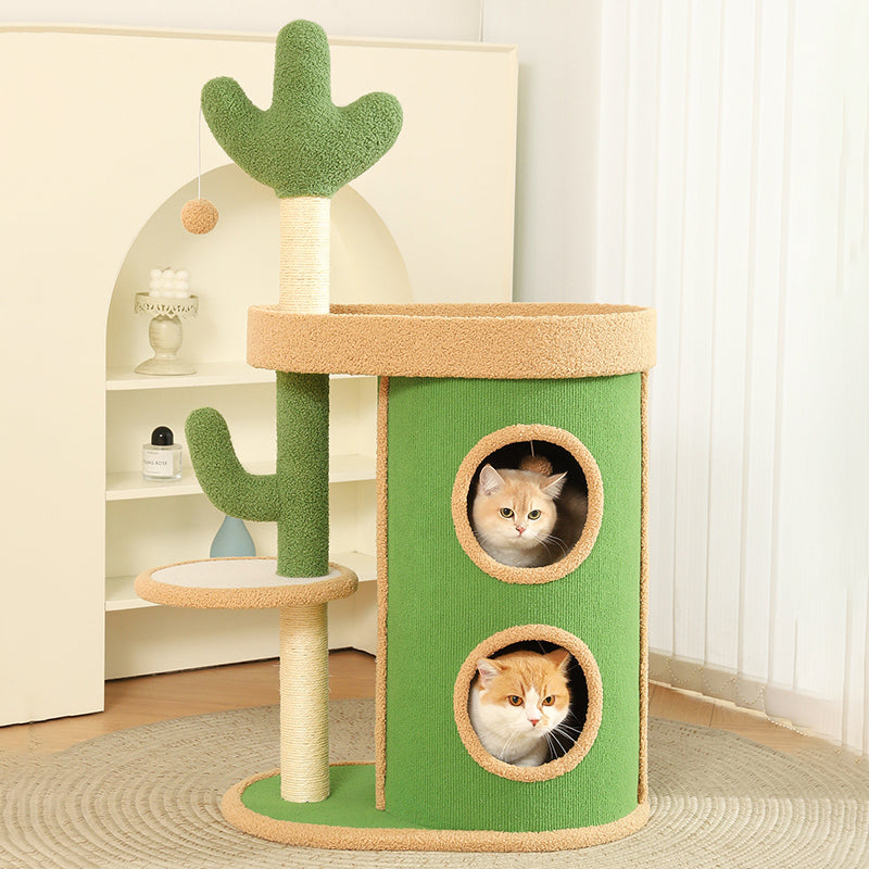Zeitgenössischer kreativer runder Spanplatten-Samtstoff-Sisal-Papierrohr-Kaktus-Katzenbaum &amp; -Condo 2-Condo 1-Sitzstange für Schlafzimmer 