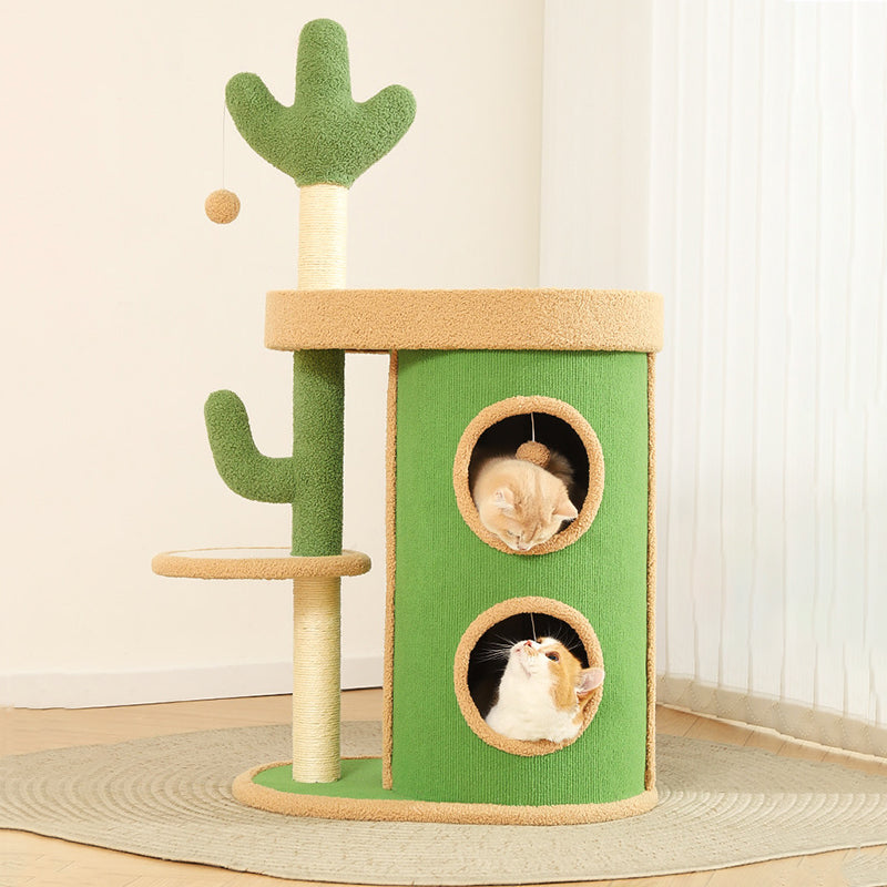Zeitgenössischer kreativer runder Spanplatten-Samtstoff-Sisal-Papierrohr-Kaktus-Katzenbaum &amp; -Condo 2-Condo 1-Sitzstange für Schlafzimmer 
