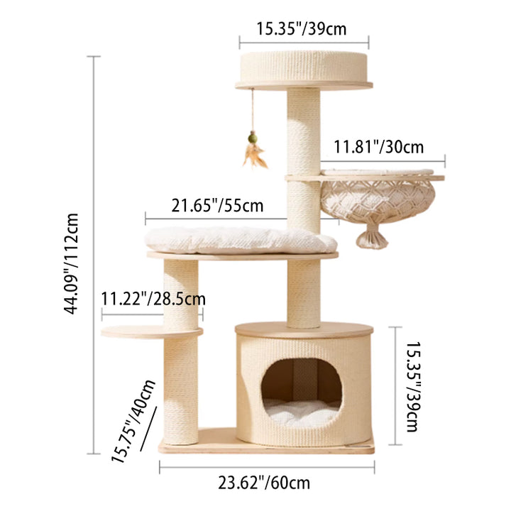 Arbre à chat et condo contemporain scandinave rond multicouche en bois massif, contreplaqué, corde en papier, sisal et tissu velours, 2 condos et 2 perchoirs pour chambre à coucher 