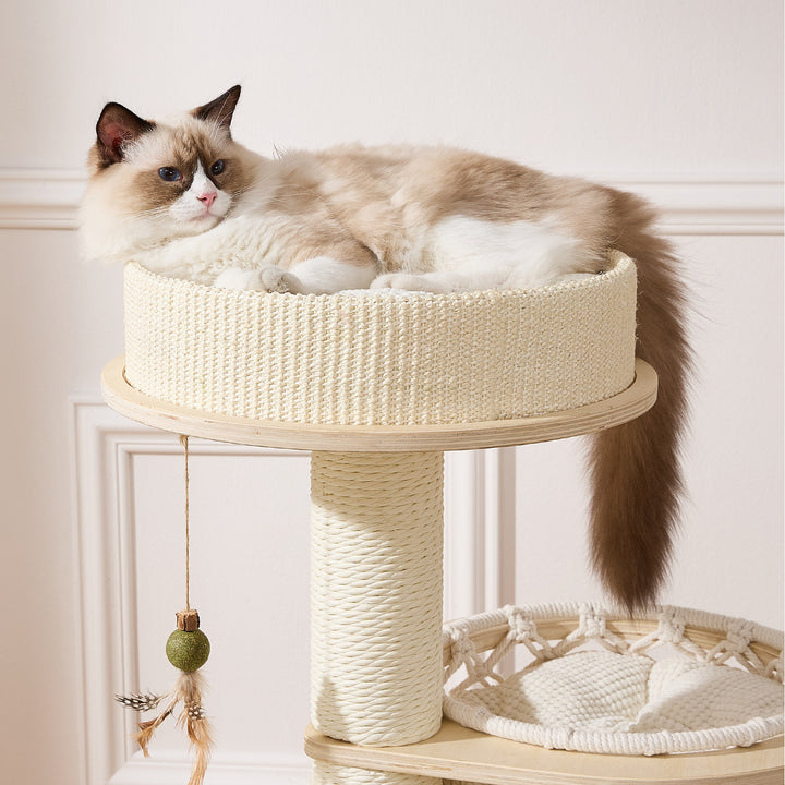 Contemporary Scandinavian Round Plywood Paper Rope Sisal Velvet Fabric Cat Tree &amp; Condo 2-Condo 2-Perch For Bedroom