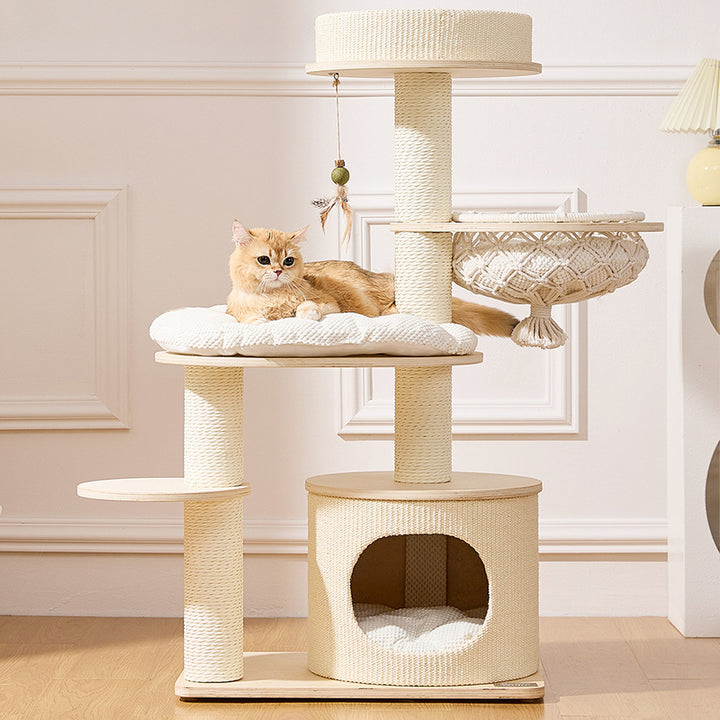 Arbre à chat et condo contemporain scandinave rond multicouche en bois massif, contreplaqué, corde en papier, sisal et tissu velours, 2 condos et 2 perchoirs pour chambre à coucher 